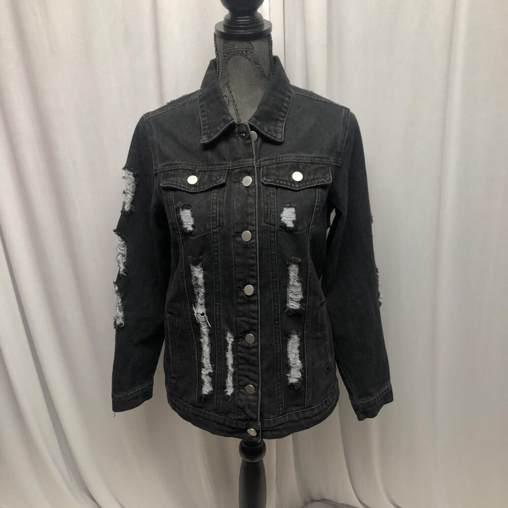 Distressed Black Jean Jacket Womens Size Small Casual Button Up Denim Grunge